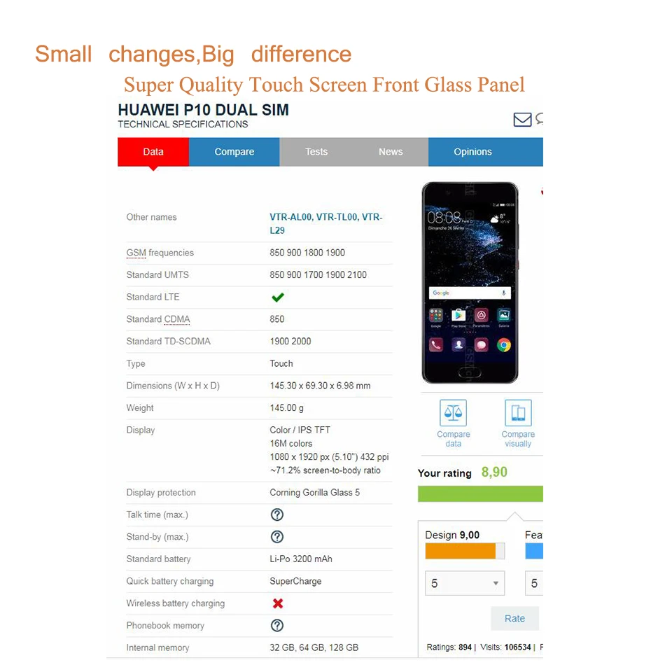 10vnt/daug Huawei P10/P10 Lite/P10 Plus Jutiklinis Ekranas P10Lite Touch Panel Jutiklis skaitmeninis keitiklis Priekinis Stiklas, Išorinis LCD OBJEKTYVAS P10Plus