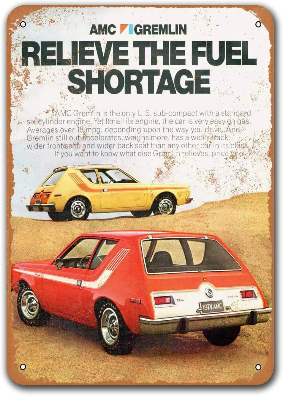1974 m. AMC Gremlin Derliaus Alavo Pasirašyti Automobilių, Sisoso Metalo Apnašas Plakatas Vyras Urvas Baras Retro Sienų Apmušalai 20.32X30.48cm