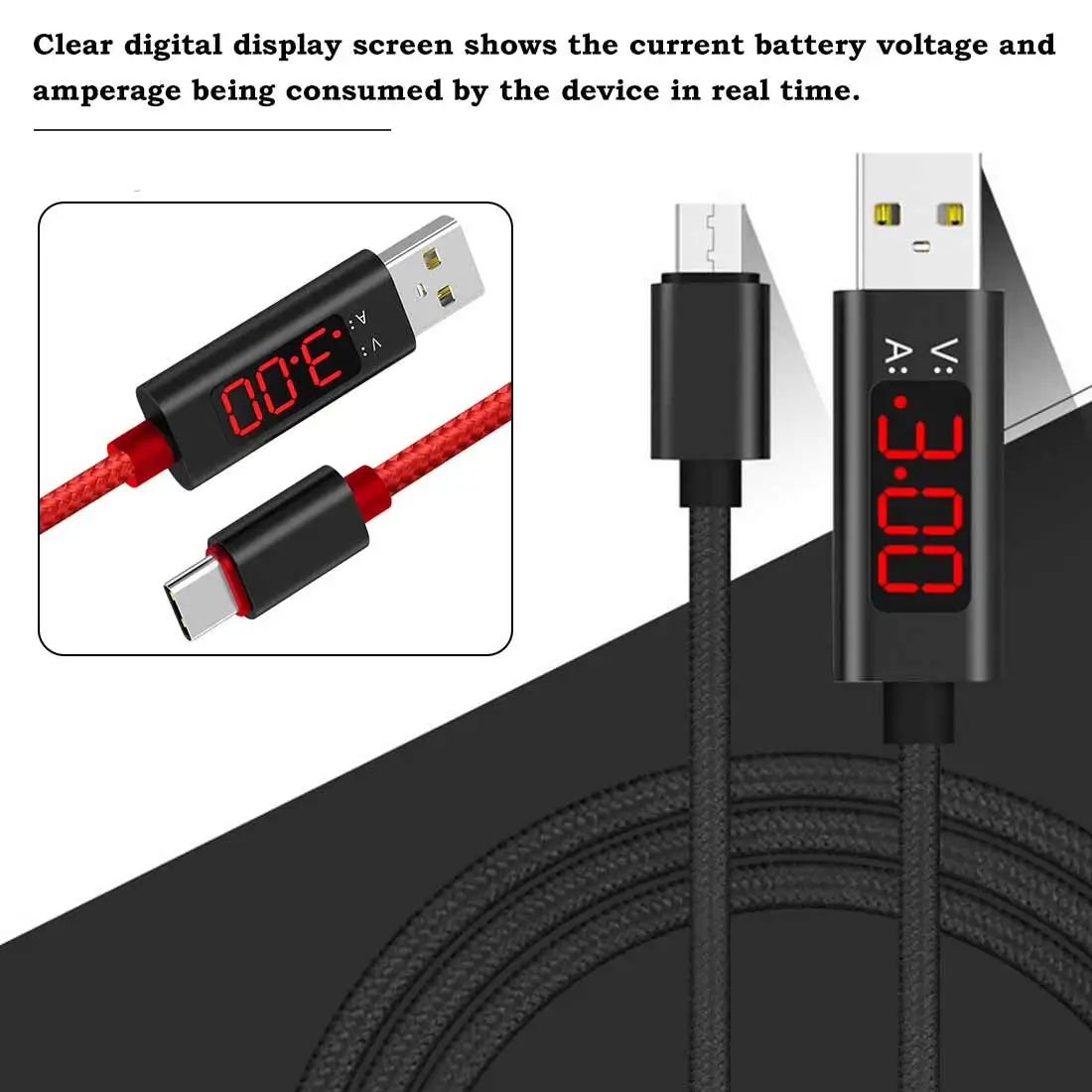 1M USB Tipo C Įtampa Srovės Testeris, Matuoklis Ekrane Nailono Tinklelio Greito Įkrovimo Tipas-C Kabeliu, Skirta 