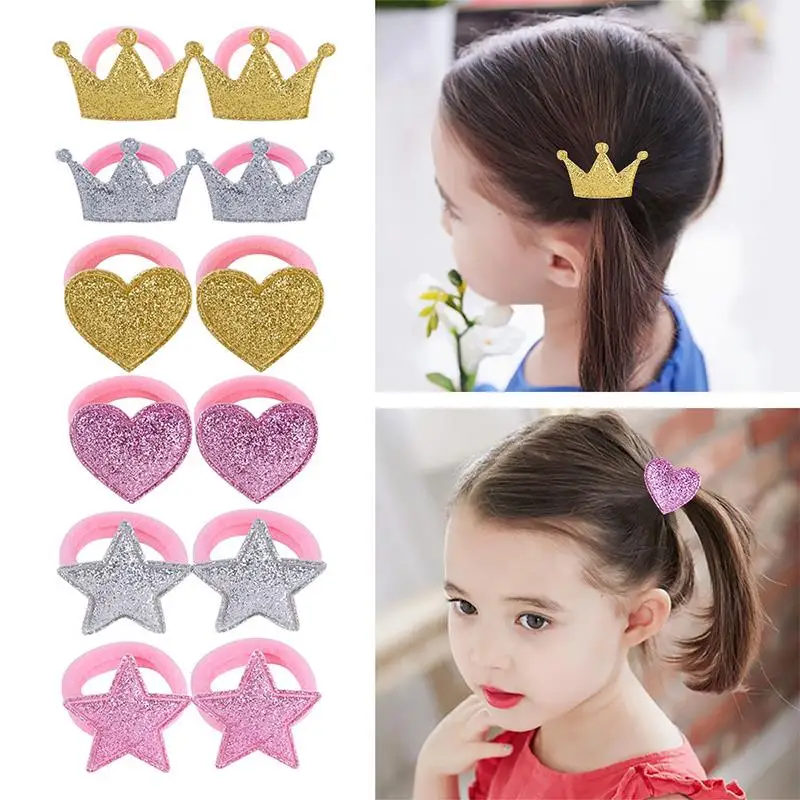 1Pair Aukso, Sidabro, Rožinės Širdyje, Crown Star Baby Princess Šukuosena Vaikų Plaukų Virvės, Elastinės Reguliuoti