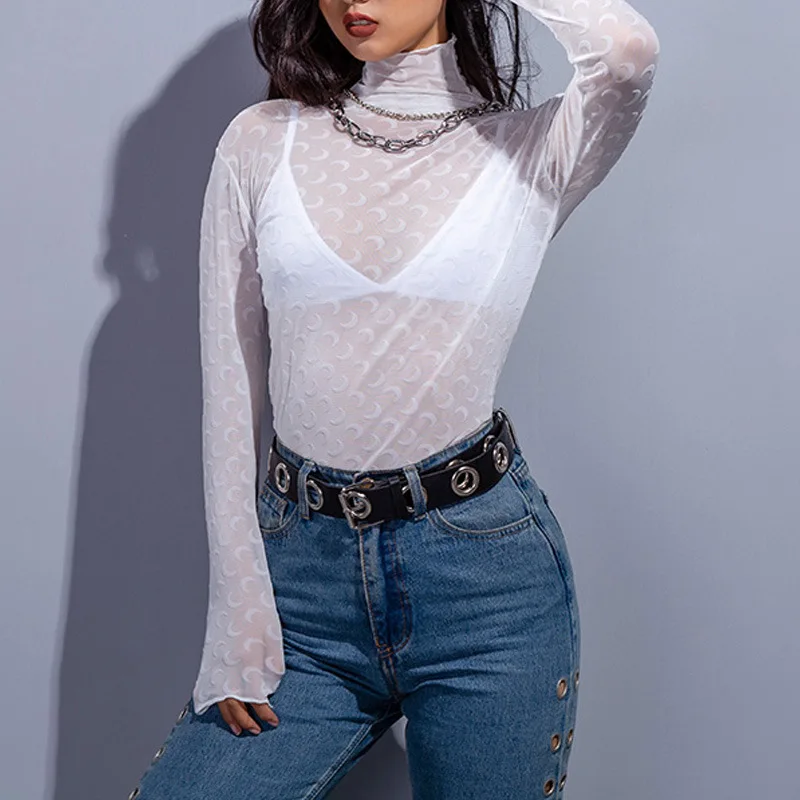 2020 moterims seksualus permatomas Pusmėnulio modelis Elastinga Viršūnės T-shirt Juoda ir balta, chaki Pavasarį naują lady Pagrindinio Slim fit marškinėliai