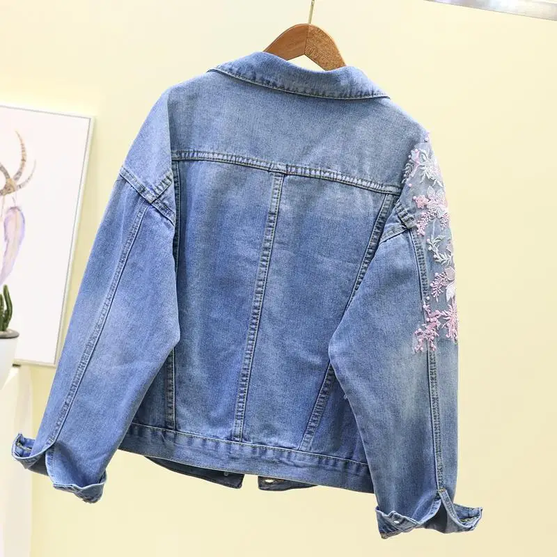 2021 m. Pavasarį, Rudenį Džinsai Striukė korėjos Embroideried 3D Gėlės Skylę Kaubojus Viršutiniai drabužiai Priežastinis Moterų Demin Kailis Jaqueta Feminina