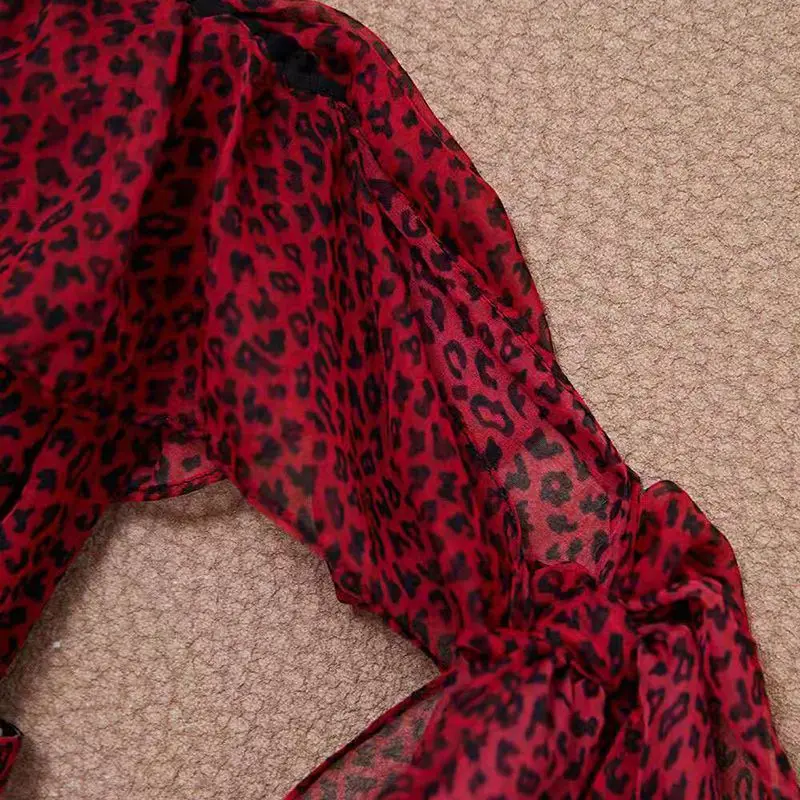 2021 M. Vasarą Moteris Seksuali Suknelė Mados Kilimo Ir Tūpimo Tako Nuo Peties Raukiniai Red Leopard Print Lankas Raukiniai Ilgas Šalis Atostogų Suknelė