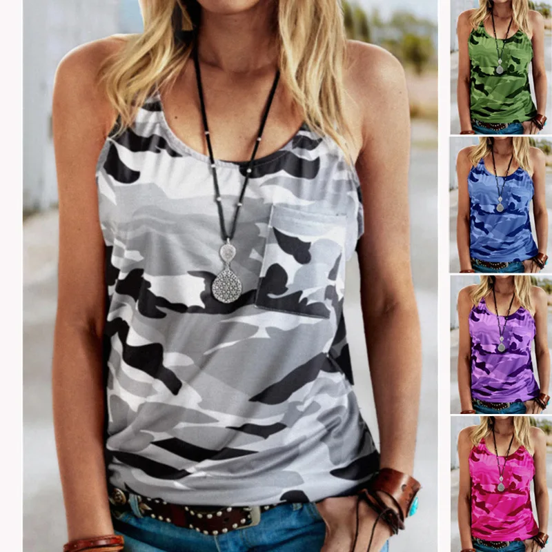 2021 Vasaros moteriški marškinėliai Camo Spausdinti O-Kaklo, Rankovių Tankai Atsitiktinis Slim Negabaritinių Liemenė moteriška Vamzdžio Viršaus Pulovers