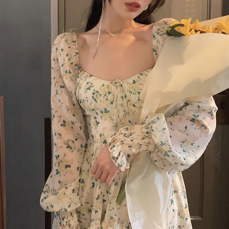 2021 Vasaros Saldus Gėlių Suknelė Moterims, Elegantiška Mini Suknelė Tvarstis Paplūdimys, One Piece Suknelė Korėjos Derliaus Office Lady Ilgomis Rankovėmis