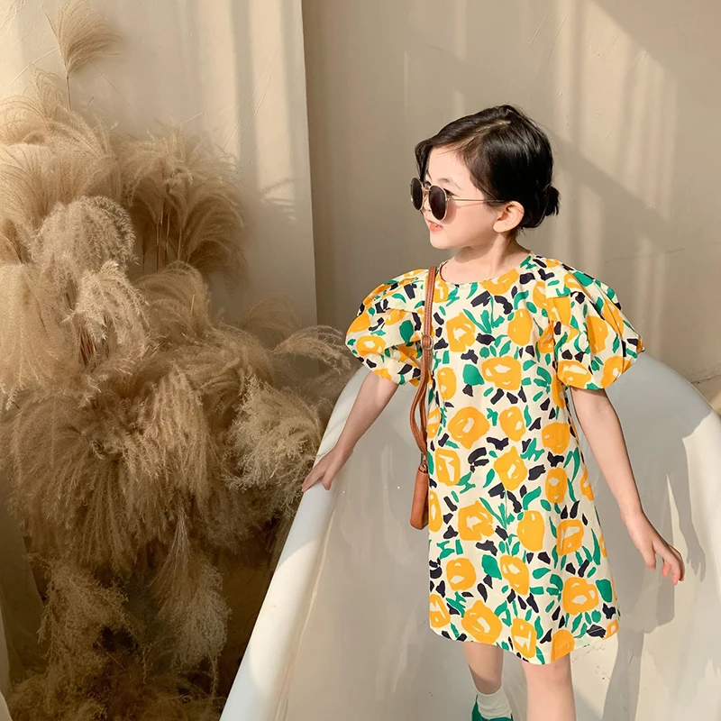 2021 Vasaros Vaikų Mergaičių Naujas Burbulas Rankovės Gėlių Princesė Dress Fashion Baby Medvilnės Mielas Drabužių Medvilnės, #9437