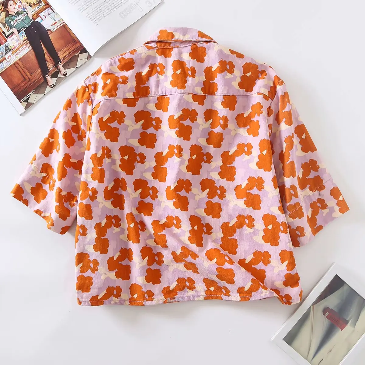 2021 ZA Oranžinės spalvos Gėlių Spausdinti Marškinėliai Moterims Vasaros Atvartas Trumpas Rankovės Džinsinio audinio Top Derliaus Metalo Mygtuką Aukšto Juosmens Šortai Moteris Kostiumai