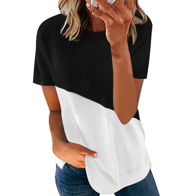 2021Summer moterų Įgulos kaklo T-shirt populiarus spalvų kontrastas spausdinimo raundo kaklo trumpomis rankovėmis marškinėliai T-shirt moterims, lengva Didelis dydis