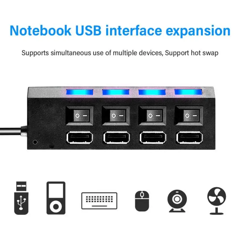 4/7-port Micro USB Hub 2.0 Splitter Hi-Speed USB 480 Mbps Hub LED Tablet Nešiojamas On/Off Kelis Expander Maitinimo Adapteris