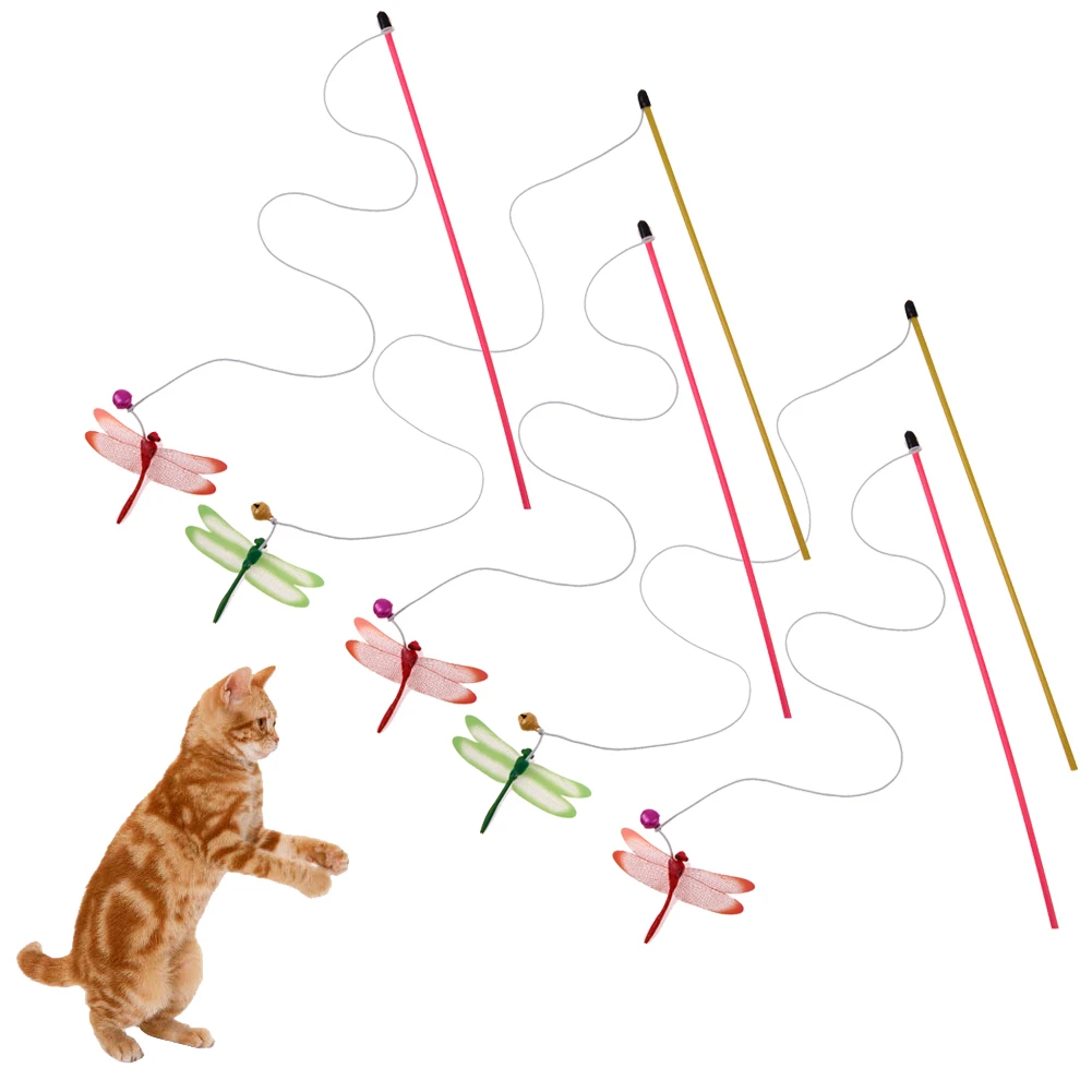 5vnt Funny Cat Stick Vielos Žaislas Pet Šuo, Katė Kibinimas Lazdele, Kieta Spalvingas Žaislas Dragonfly su Bell Katėms Pet products