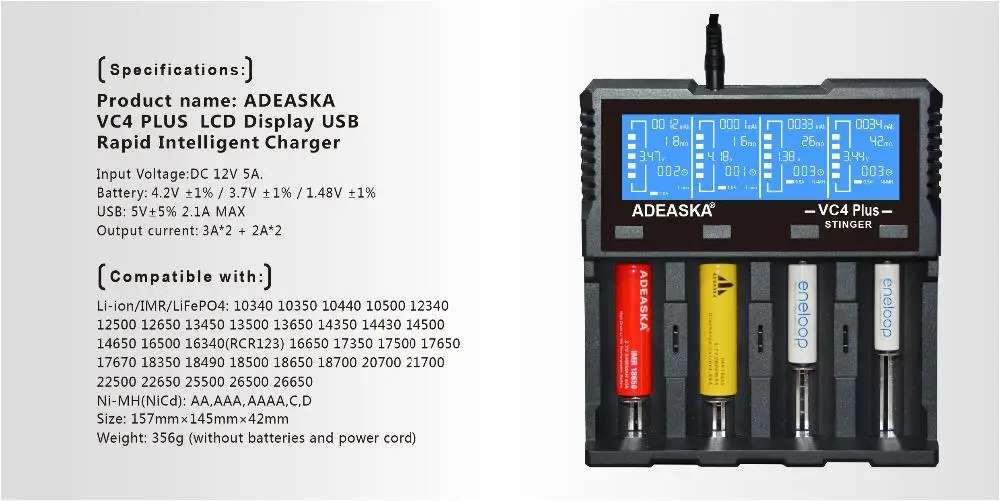 ADEASKA VC4 PLIUS LCD Ekranas USB Sparčiai Protingas Įkroviklis Li-ion/IMR/LiFePO4/Ni-MH 18650/26650 Baterija r20
