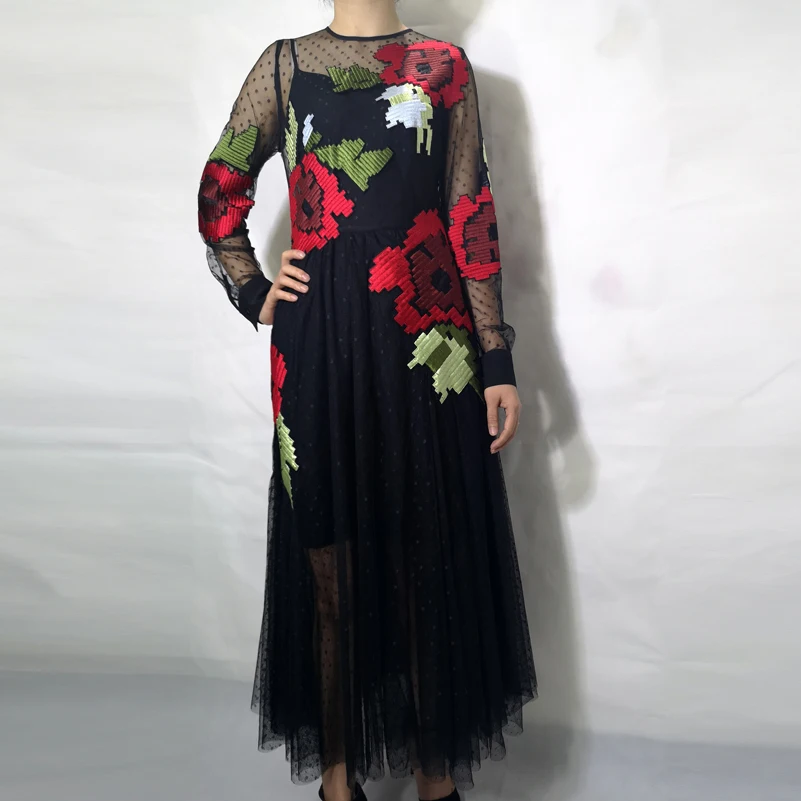 Aukštos kokybės 2020 mados dizaineris vasaros ilga suknelė Moterų ilgomis Rankovėmis Dot Tinkleliu Siuvinėta Vintage Black Šalies Maxi suknelė