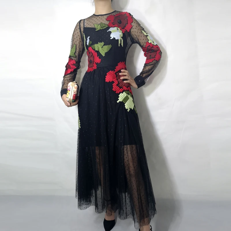 Aukštos kokybės 2020 mados dizaineris vasaros ilga suknelė Moterų ilgomis Rankovėmis Dot Tinkleliu Siuvinėta Vintage Black Šalies Maxi suknelė