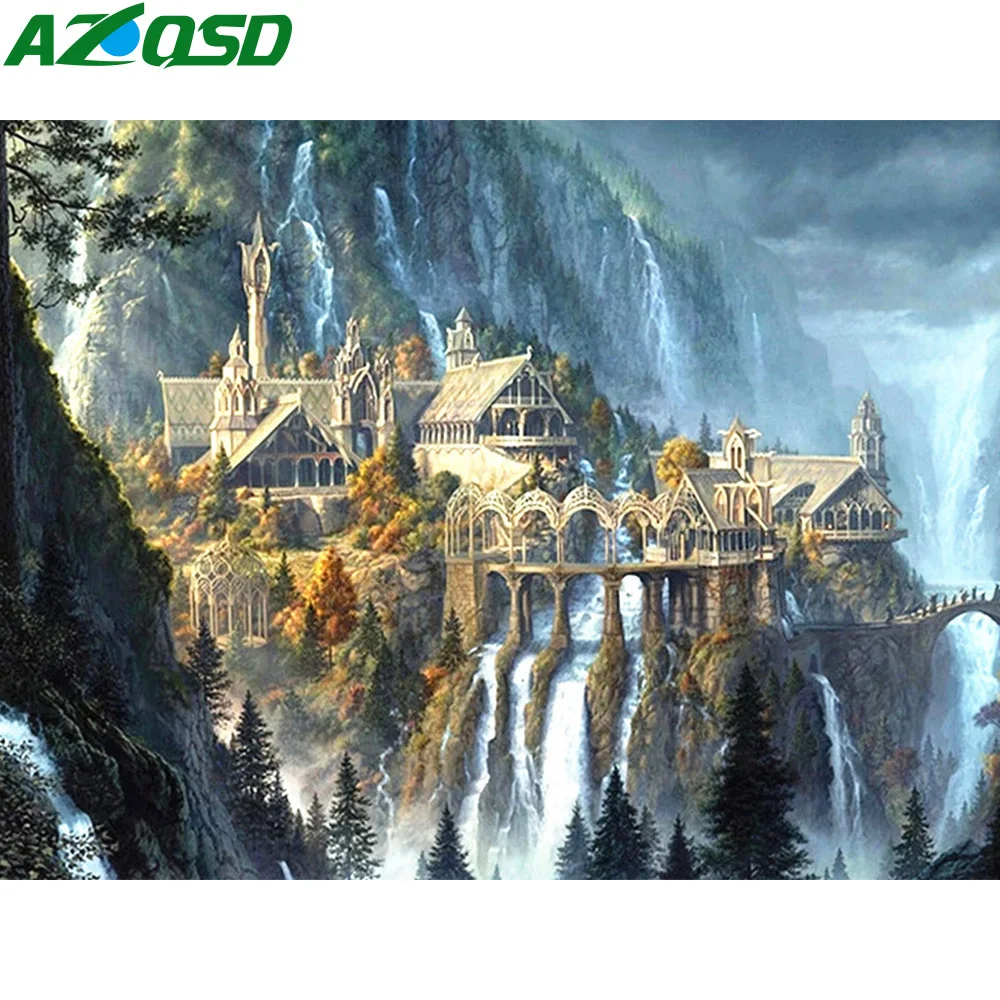 AZQSD 5D Diamond Siuvinėjimo Krioklys Kraštovaizdžio Diamond Tapybos Pilis Kryželiu Mozaikos Vaizdą Strazdų Namų Dekoro