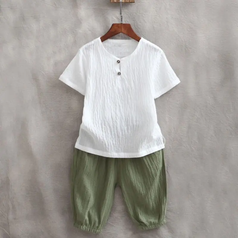 Berniukai vasaros drabužių 2021 naujas medvilnės ir lino kostiumai, mažų ir vidutinių vaikų drabužiai, vasaros vaikų vasaros trumparankoviai