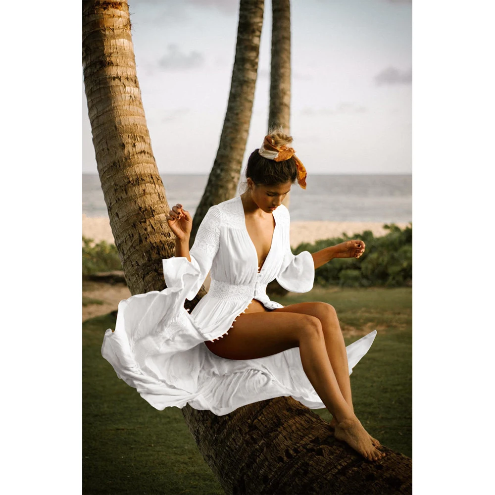 Boho Balta Long Beach Suknelės Moterims Atsitiktinis Mygtuką Paplūdimio Cover Up V-Kaklo, Laisvi Marškinėliai, Raukiniai Paplūdimio Kimono Atidaryti Priekyje Suknelė
