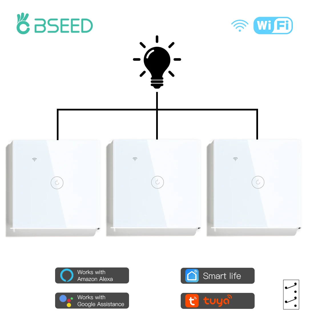 BSEED 3Packs Wifi Touch Jungiklis 1Gang 1/2/3 Būdas Pažangaus Sienų apšvietimo Jungiklis Wireless Alexa Įjungti 