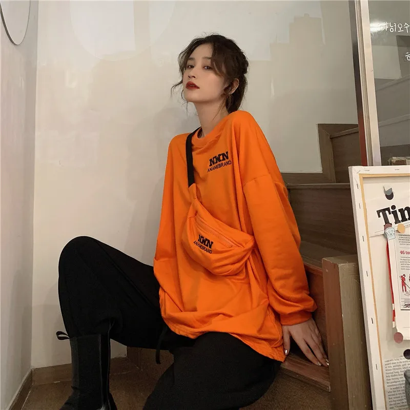DAYIFUN Negabaritinių Megztiniai su maišeliu Moterų Derliaus Orange Hoodies Laiškas Spausdinti Streetwear ilgomis Rankovėmis Viršūnes Rudenį Puloveriai
