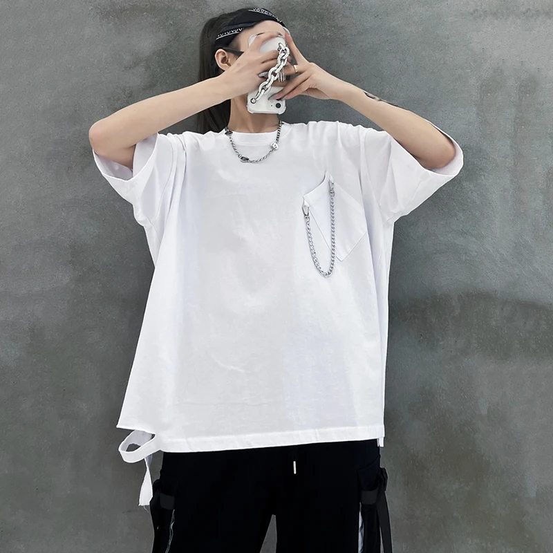[EAM] Moterys Balto Metalo Grandinės Spliced Didelis Dydis, T-shirt Naujas Apvalios Kaklo Pusė Rankovės Mados Banga Pavasario Vasaros 2021 1DD93340