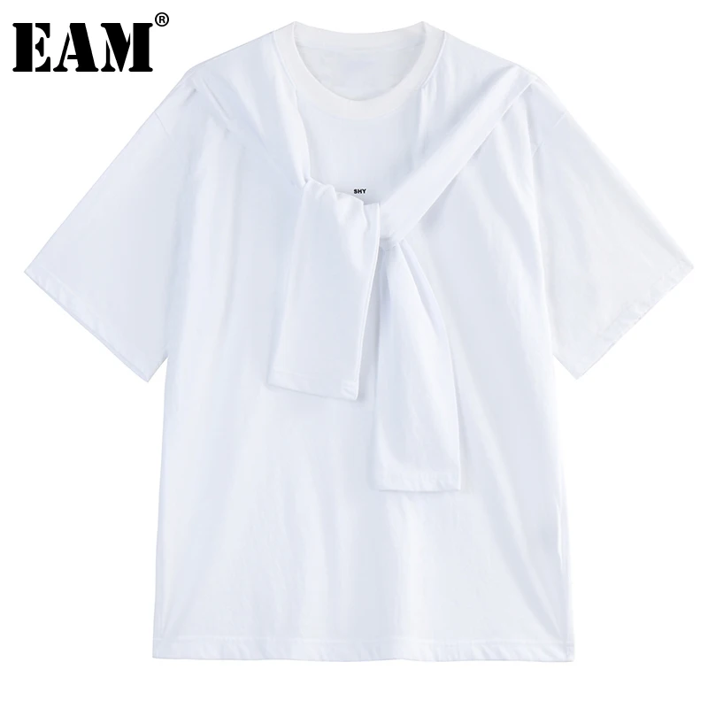 [EAM] Moterų Balta Juoda Tvarstis Didelis Atsitiktinis Dydis T-shirt Naujas Apvalios Kaklo trumpomis Rankovėmis Mados Banga Pavasario Vasaros 2021 1DD7919