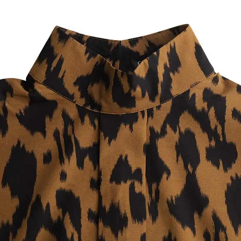 Elegantiškas OLIS Palaidinės Celmia Moterų Big Žibintų Rankovės Seksualus Leopardas Spausdinti Marškinėliai 2021 Mados Stovėti Apykaklės Atsitiktinis Tunika Viršūnes Femme
