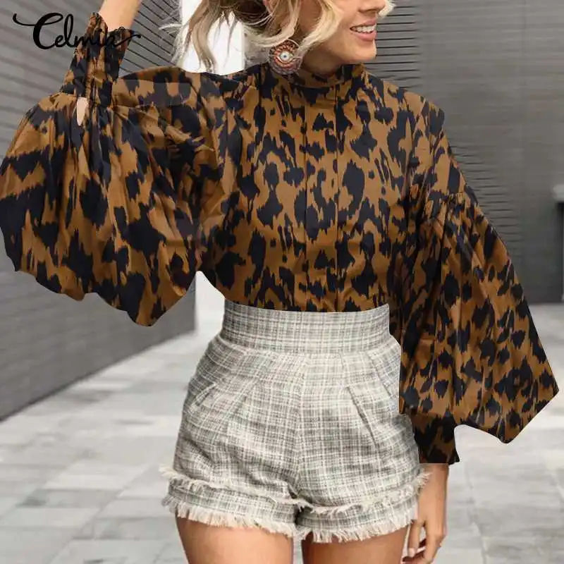 Elegantiškas OLIS Palaidinės Celmia Moterų Big Žibintų Rankovės Seksualus Leopardas Spausdinti Marškinėliai 2021 Mados Stovėti Apykaklės Atsitiktinis Tunika Viršūnes Femme