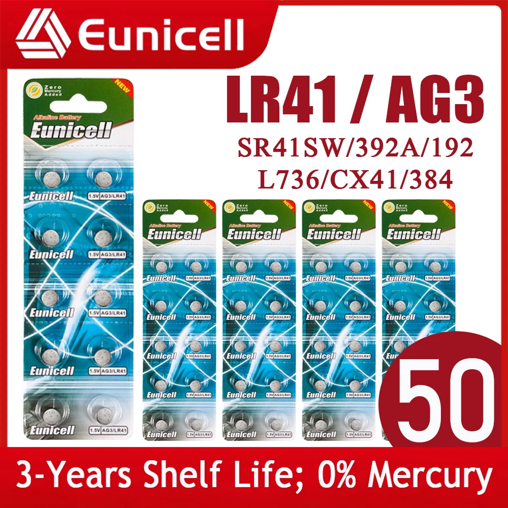 Eunicell 50pcs LR41 3TN 1,5 V Baterijos SR41SW CX41 SR41 L736 392 384 192 Šarminių Elementų Monetos Mygtuką Pilas Baterija Žiūrėti Žaislai