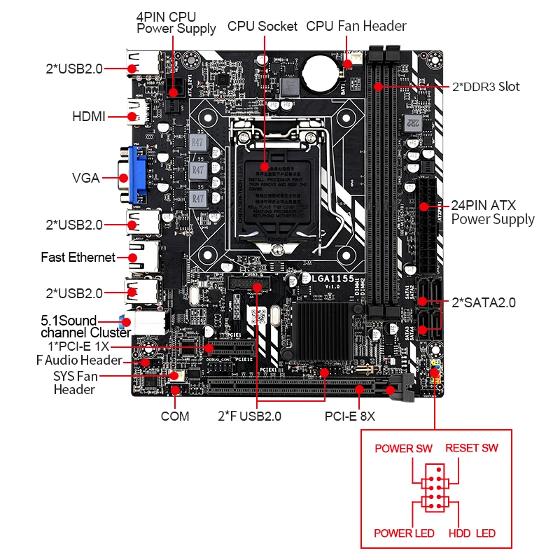 H61 Motininę LGA 1155 Lizdas DDR3 Parama Intel Core I3 I5 I7 Xeon LGA1155 Procesorius Darbalaukio RAM Su HDMI VGA SATA USB 2.0
