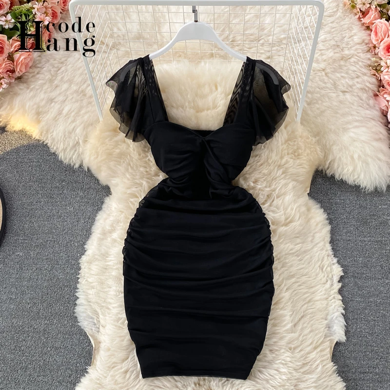 HangCode Seksualus Paketo Klubų Tinklelio Suknelė 2021 Naujas Slim Tampri Bodycon Mini Suknelė Moterims Naktiniame Klube Juoda Suknelė Vestidos