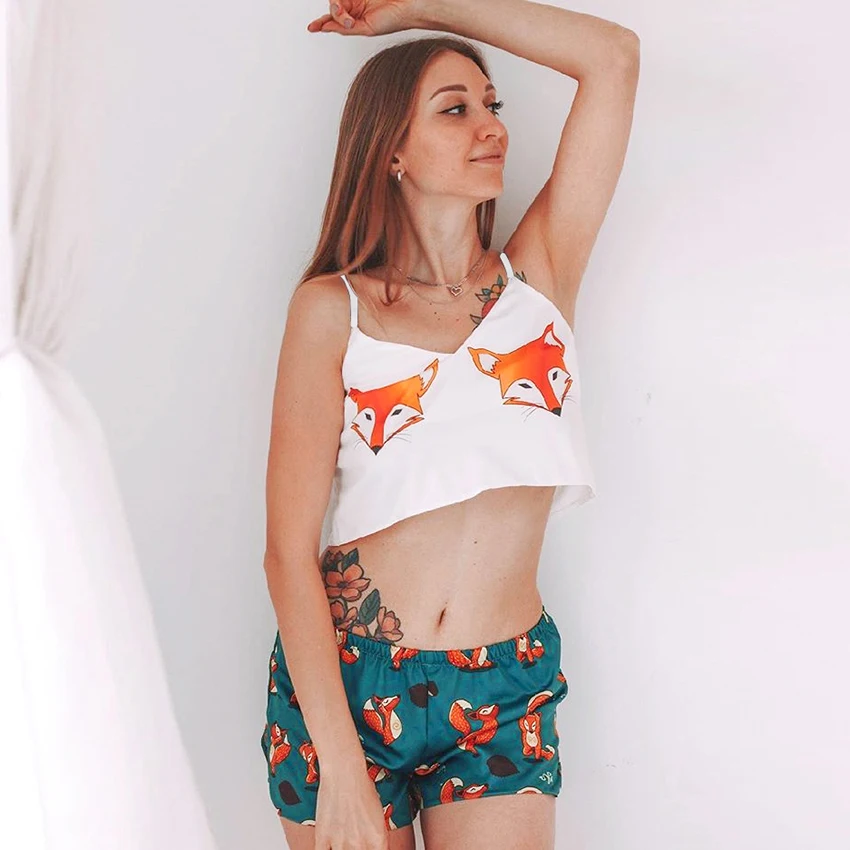 HECHAN Fox Spausdinti Pižama Moterų Sexy V Kaklo Spageti Dirželis 2 dalių Komplektas Šortai Moteriška Namų Kostiumas Nightie Modelis Sleepwear