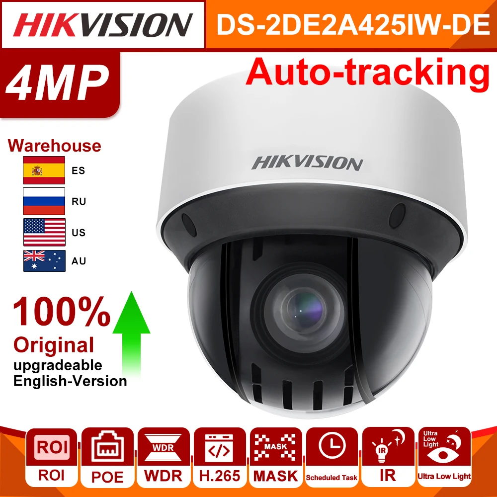 Hikvision IP Camera PTZ Auto-sekimas 25X Zoom DS-2DE4A425IW-DE 4MP Kamera 4-100mm H. 265 IK10 IG WDR DNR Saugumo IP Kamera su POE