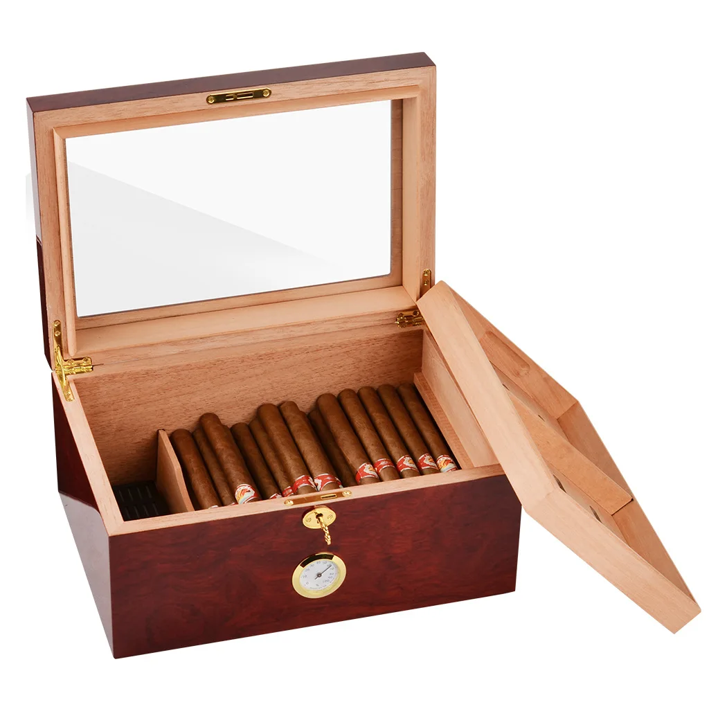 Holds100-125pcs ispanijos raudonojo Kedro Mediena, Cigarų Atveju Stiklo Viršuje Saugojimo Humidoras Cigarų Ekranas Dėžutę