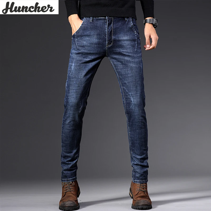 Huncher Mens Elastiniai Džinsai Naujas Klasikinis Vyrų Didelio Dydžio Džinsus Mados Verslo Atsitiktinis Ruožas Slim Black Blue Men ' s Prekės ženklo Kelnės