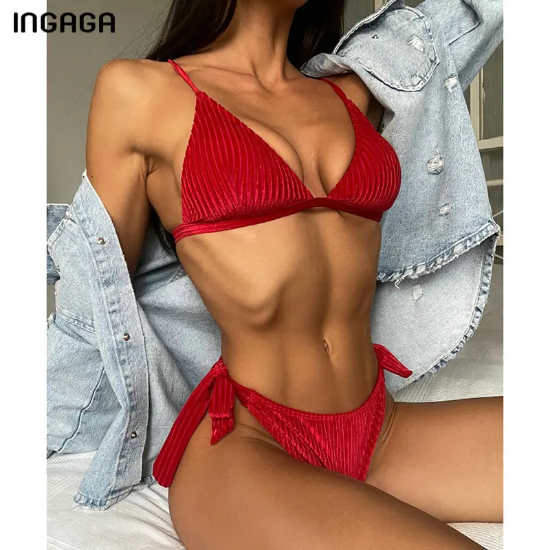 INGAGA Briaunoti Seksualus Bikini Maudymosi Moterų maudymosi Kostiumėliai, Push Up Maudymosi Kostiumą, 2021 Raudona Biquini V-Kaklo Paplūdimio Lankas Bikini Komplektas