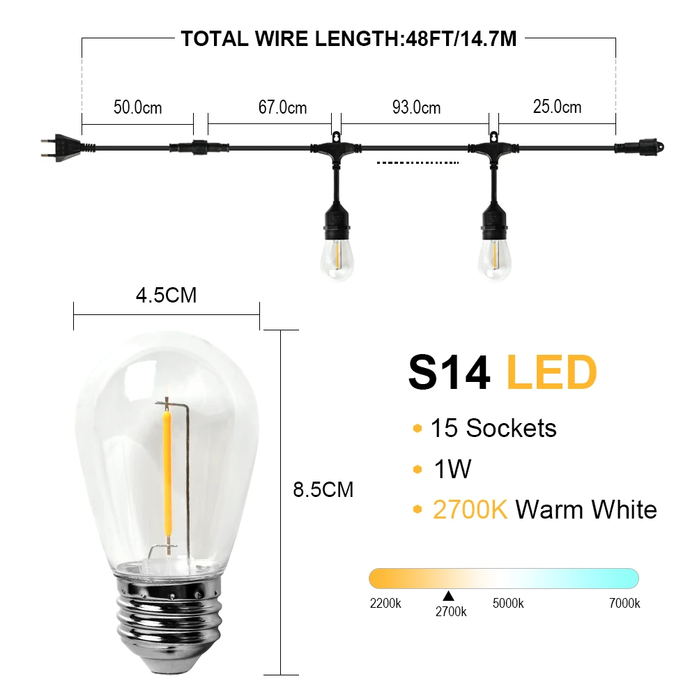 IP65 15M 48FT 15Bulbs LED S14 String Lemputės E27 LED Edisonas, Kaitinamosios Lemputės, Lauko Sodo Kiemo Šventė Vestuvių Šviesos Eilutę Dekoras