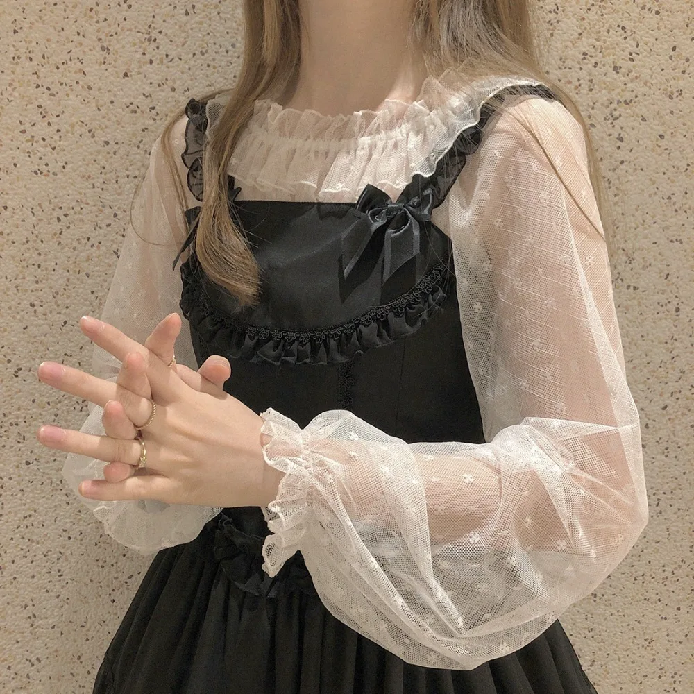 Japonijos banga taškas, švelnus saldus lolita marškinėliai skaidrus nėriniai kawaii girl dienos viktorijos marškinėliai gothic lolita top loli cosplay