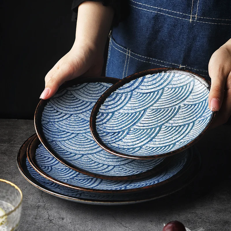 Japonų stalo buitinės keramikos patiekalo lėkštės, pusryčiai plokštė underglaze spalvų plokštės patiekalas kaulų patiekalas, plokštieji seklių patiekalas