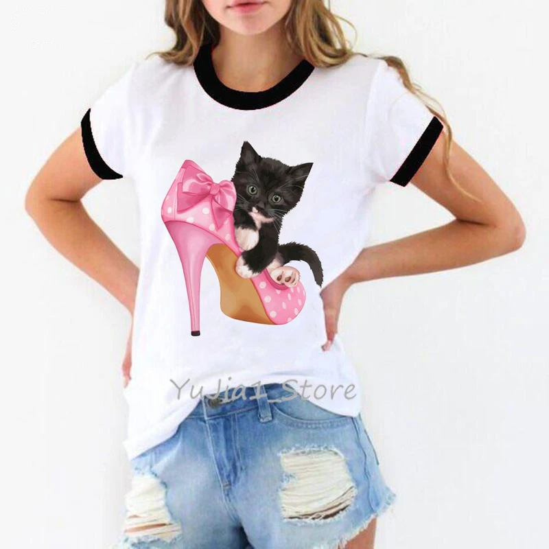 Juoda katė rausvos spalvos, aukštakulniai spausdinti harajuku kawaii marškinėliai moterims juokinga t shirts kačių mylėtojas top marškinėliai femme white t-shirt