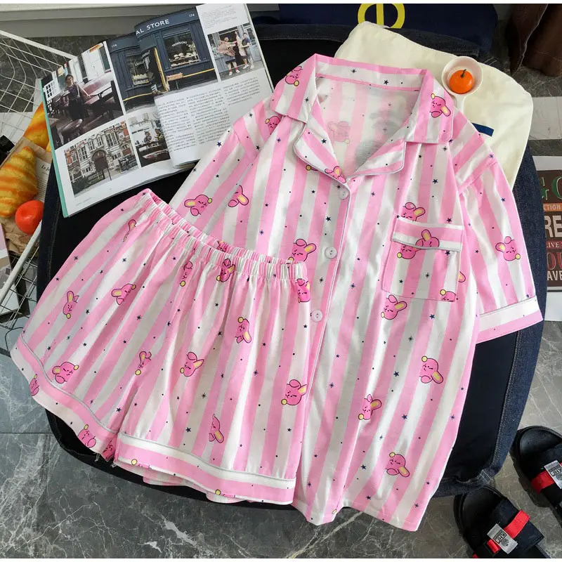 Juostele Moterų Pižama Nustatyti Vieną Krūtinėmis Trumpas Rankovės Ponios Homewear Tinka Šortai su Elastinga Juosmens Vasarą Cartoon Sleepwear
