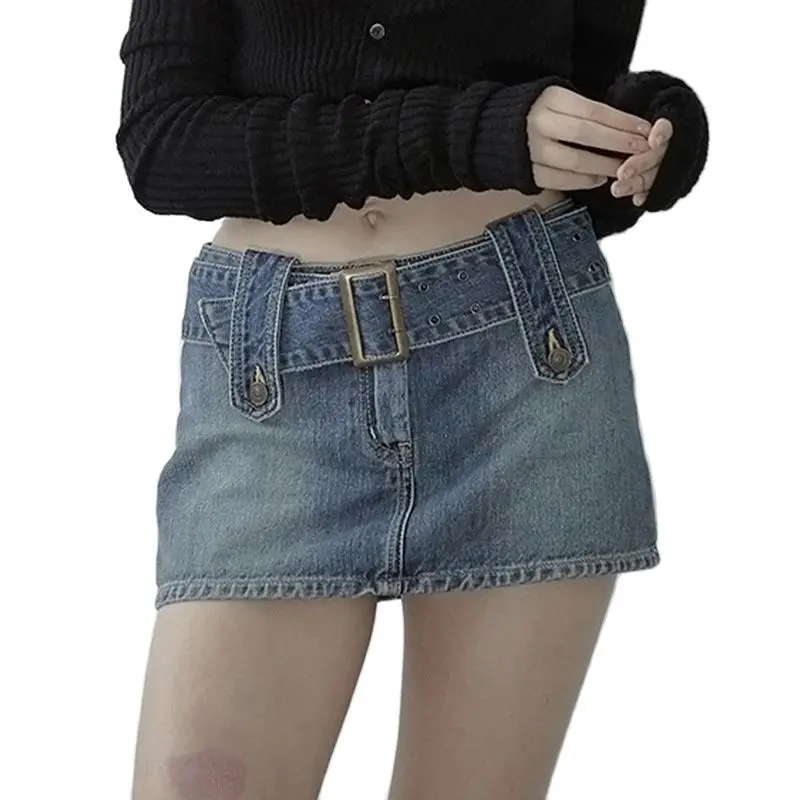 Karšta mergina mados metalo sagtis klubo džinsinis sijonas iki 2021 m. vasarą naujų styleRockmore Moterų Džinsai Sijonas Y2K Diržo Mini Džinsinis Sijonas