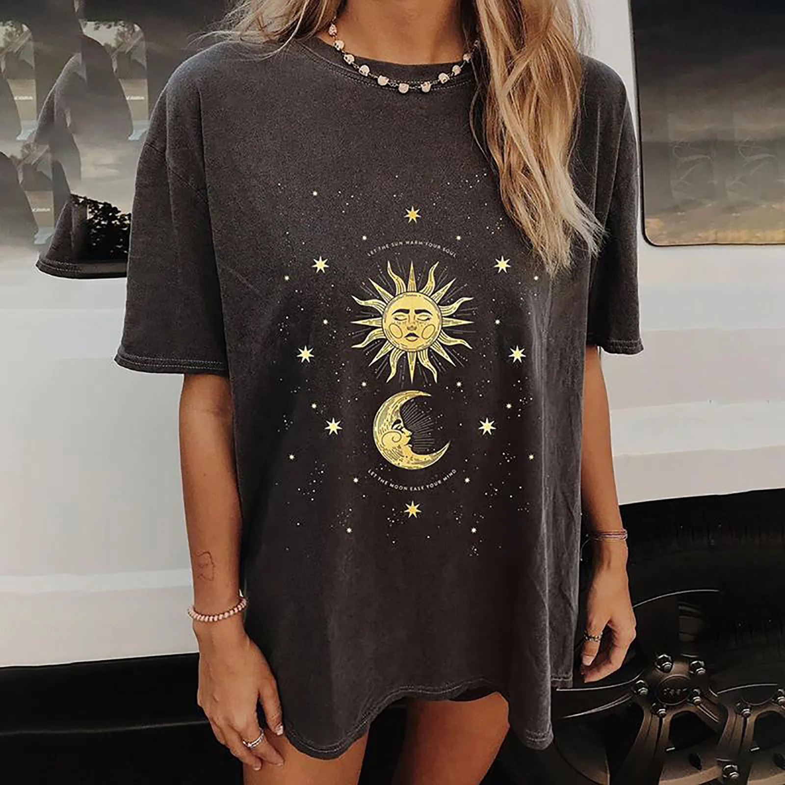 Kawaii Drabužius Marškinėlius Moterims 2021 Moterų Derliaus Saulės Ir Mėnulio spausdintą Modelio Atsitiktinis trumpomis Rankovėmis Viršūnes Tee Marškinėliai Femme Camisetas