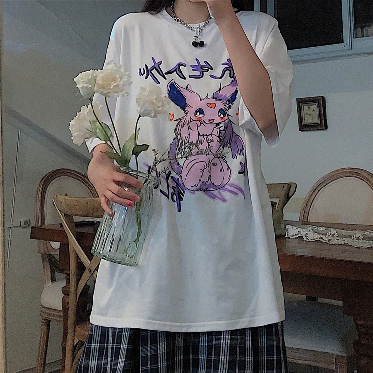 Kawaii vasaros korėjos versija Harajuku Japonų anime lapė ir triušis spausdinti Grunge Grafinis Tees Estetinės Unisex Marškinėlius Moterų Y2K
