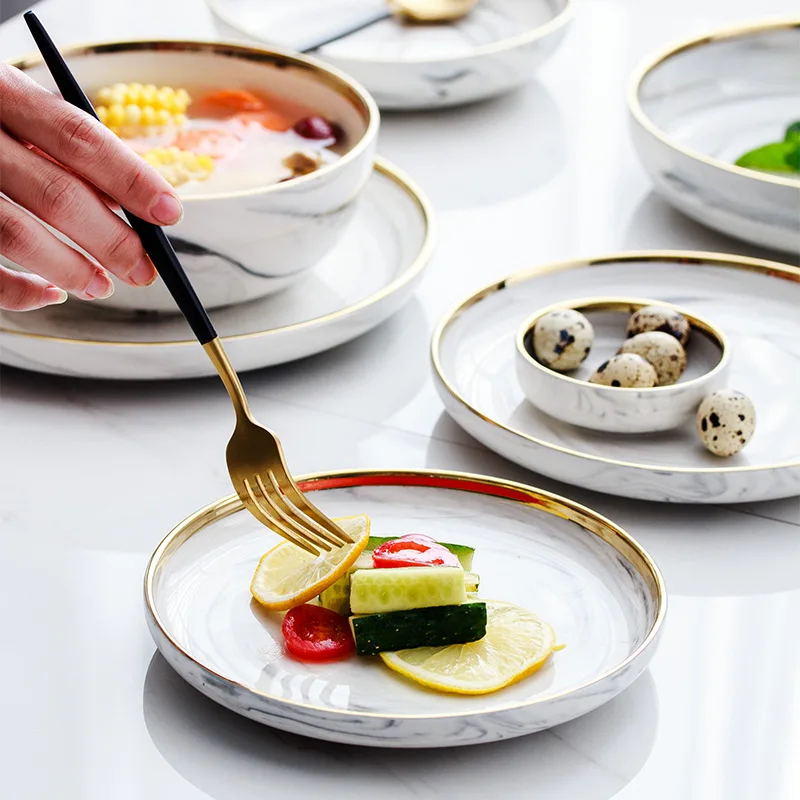 Keramikos Šiaurės marmuro, aukso plokštelės ir dubuo nustatyti angliavandenilių ryžių dubenėlį sriubos dubenėlį paprastas patiekalas viešbučio virtuvės indai