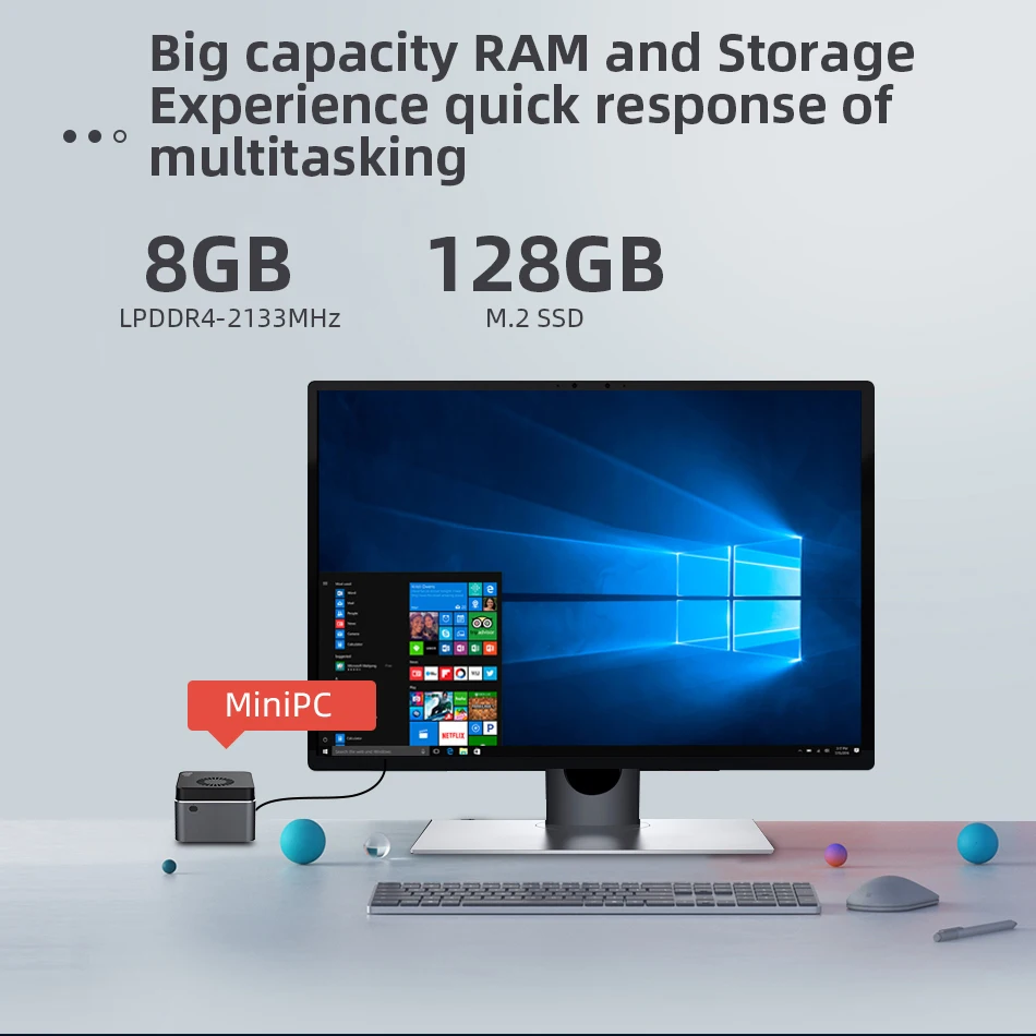 Kišenėje Mini PC Intel Celeron N4100 Quad Core 6GB LPDDR4 128GB M. 2 SSD 2.4 G/5.0 G WiFi, Bluetooth 4.2 HDMI 2.0 4K 60Hz Windows 10