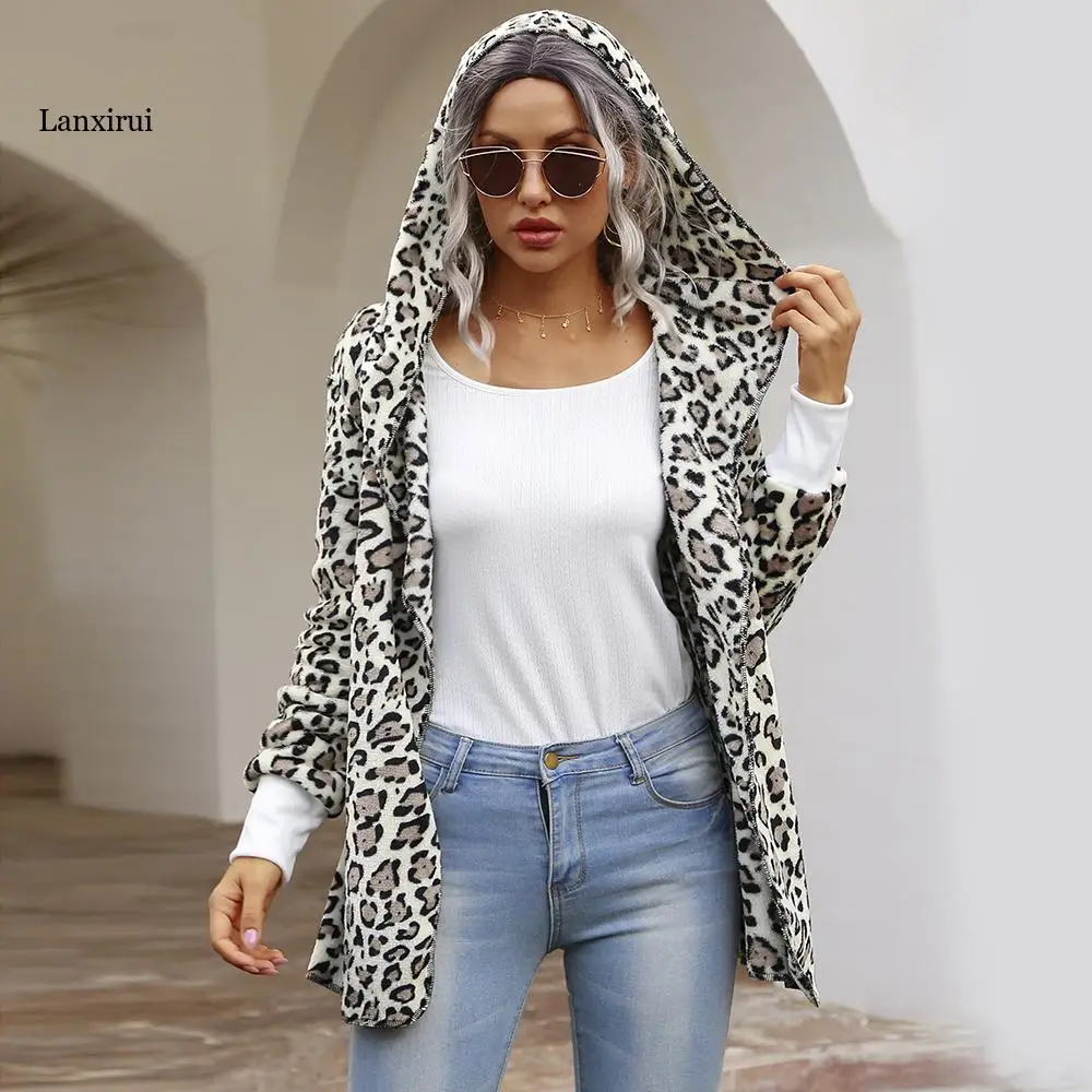 Klasikinis Seksuali Moteris Leopard Striukė Viršuje Derliaus Gaubtu Šiltas Atsitiktinis Žiemos Megztinis Ilgomis Rankovėmis Rudenį Minkštas Kailis Drabužius Outwear
