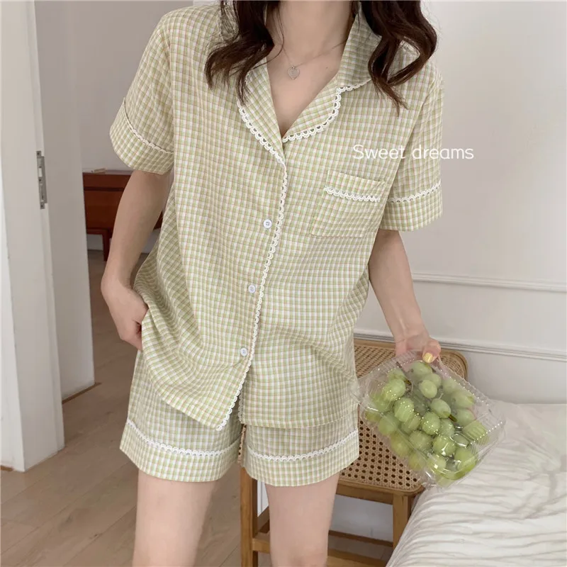 Lacework pledas namų drabužius 2 dalių komplektas pižama nustatyti sleepwear moterų homewear trumpas rankovės korėja laisvi šortai loungewear Y548