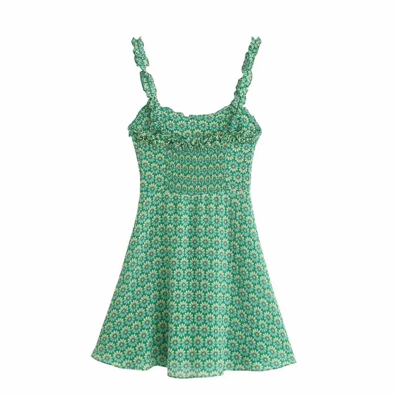 LVWOMN Za Vasaros Suknelė 2021 Elegantiška Žalia Spausdinti Paplūdimio Mini Suknelė Moterims Derliaus Pynimas Rankovių Atsitiktinis Atostogų Trumpos Suknelės
