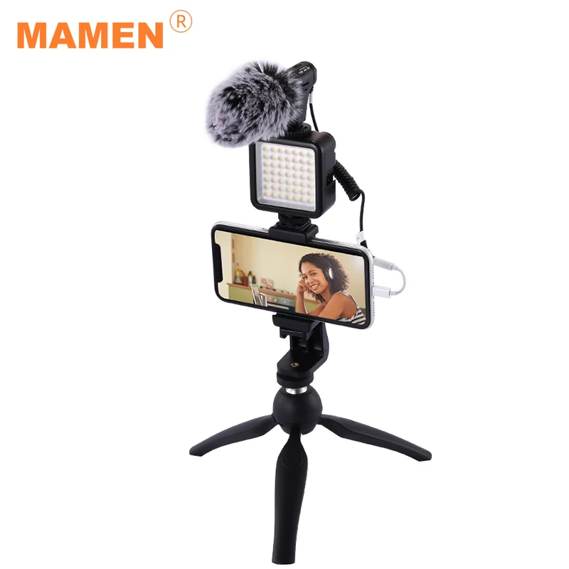 MAMEN 07Pro Vlog Komplektai, LED Vaizdo Šviesos Įrašymas Mikrofonas&Trikojo Android/iOS Telefonai Fotografijos Apšvietimas