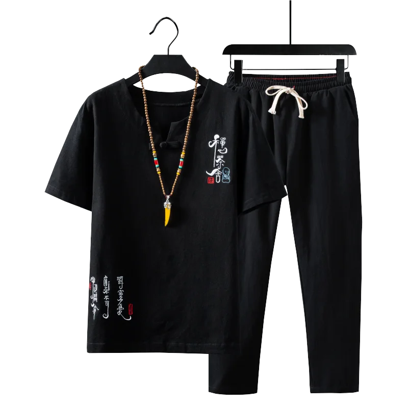 (Marškinėliai + kelnės) 2020 metų vasaros vyrų marškinėliai Medvilnės ir lino marškiniai vyriški Aukštos kokybės atsitiktinis marškinėliai iš Dviejų dalių, dydis M-5XL