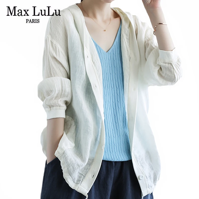 Max LuLu Vasaros 2021 Korėjos Stiliaus Naujas Moterų Lino Striukės Su Gobtuvu Ponios Prarasti Mygtuką Atsitiktinis Paltai Moterų Negabaritinių, Baltus Drabužius